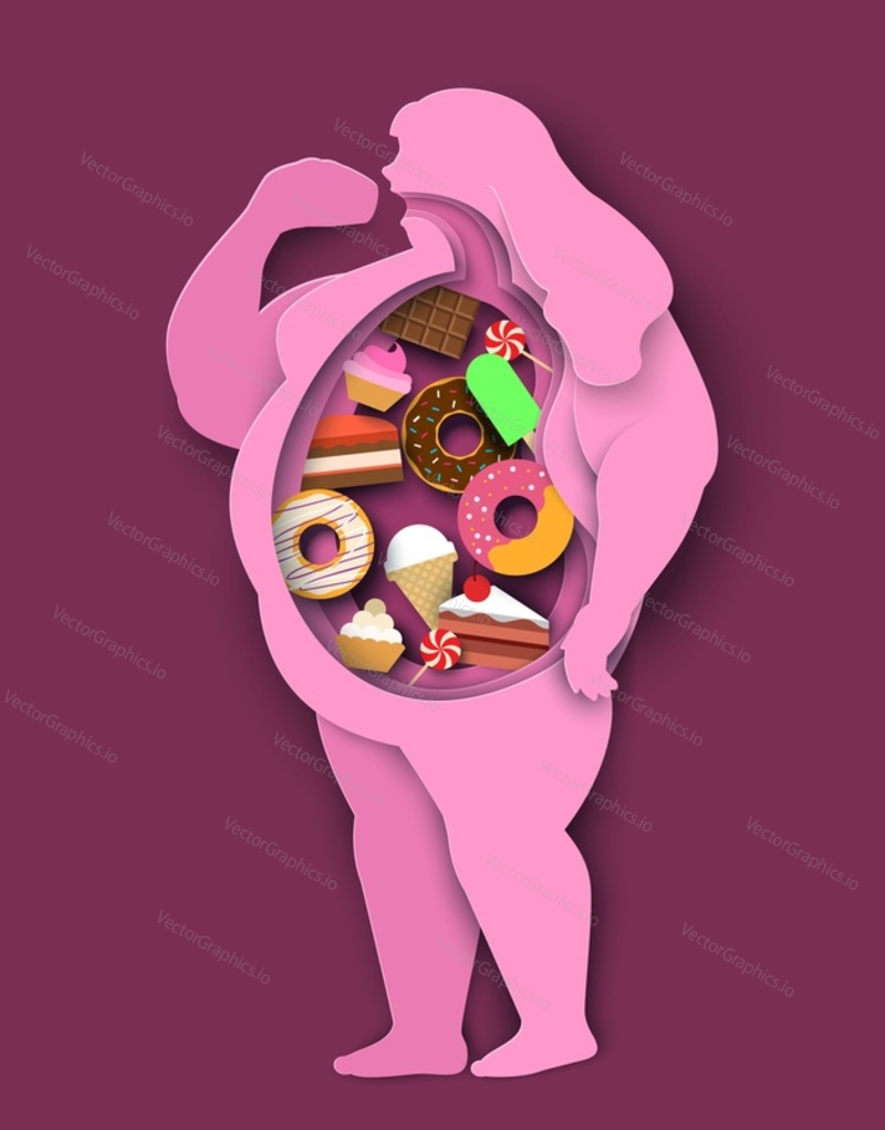 Женщина с избыточным весом вырезала векторный дизайн из бумаги. Концепция избыточного веса и ожирения. Нездоровое питание и вредная сладкая пища внутри жирного женского тела. Взрослый человек страдает абдоминальным ожирением. Иллюстрация проблем с перееданием