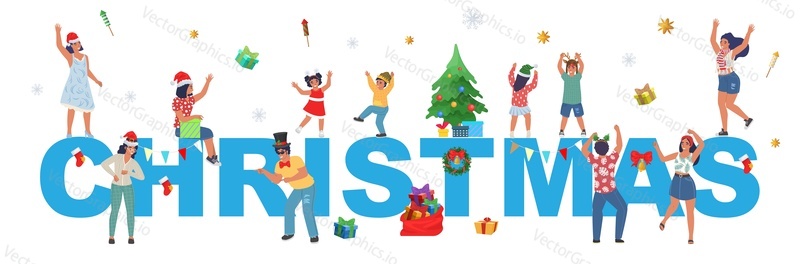 Веселая рождественская вечеринка. Счастливые люди празднуют плоский векторный плакат. Текст поздравления и взволнованный крошечный персонаж в праздничной шляпе Санты танцуют и веселятся на иллюстрации