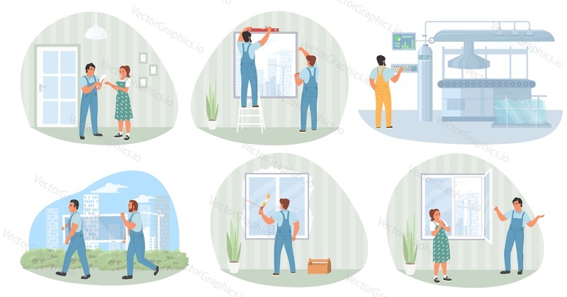 Набор векторных сцен установки пластиковых окон. Иллюстрация службы ремонта дома. Разнорабочий, устанавливающий, измеряющий, доставляющий оборудование из пвх для ремонта дома