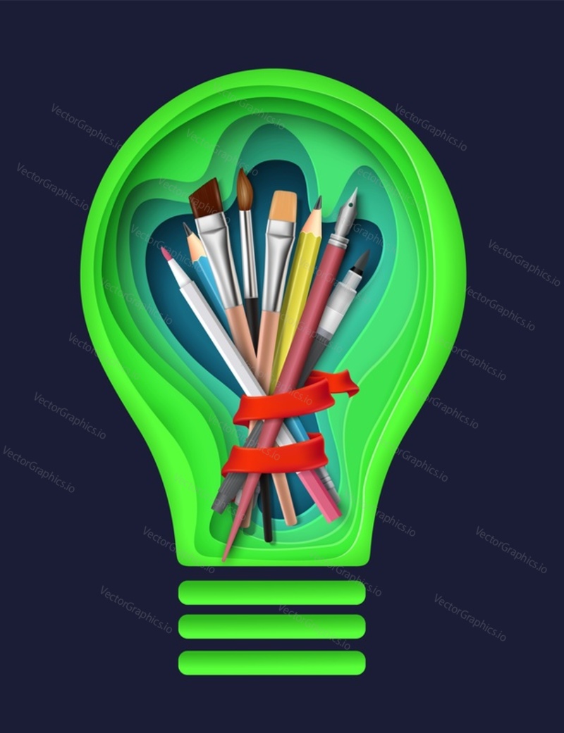 Creative art vector. Light bulb idea lamp, pencils, pen and brush illustration. Artist tool abstract banner, poster design. Exclusive artwork, innovation and artistic craft work concept