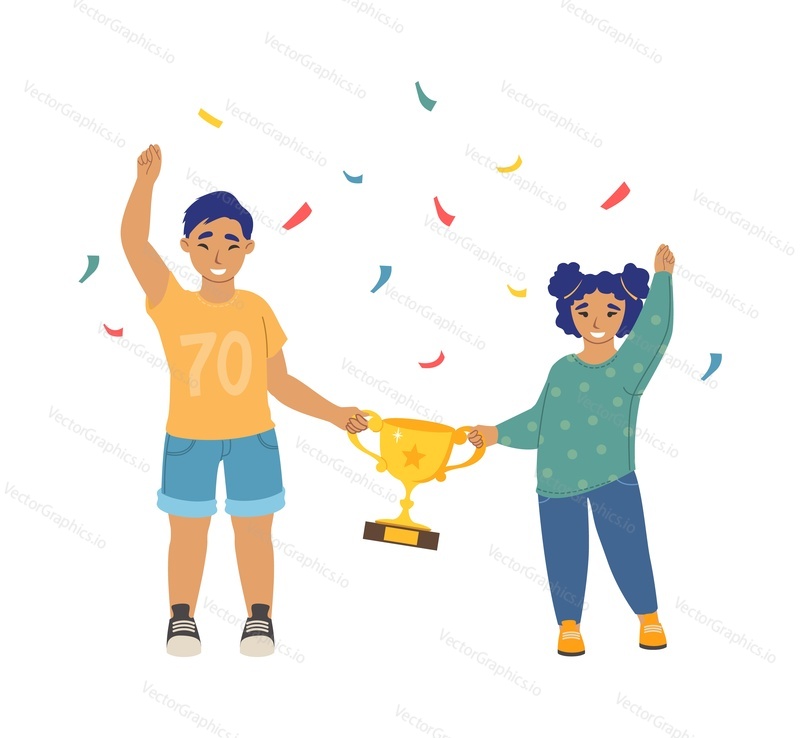 Happy kids winners vector. Little boy and girl celebrating victory illustration. Cheerful schoolchildren standing with goblet. Excited cute children receive gold trophy first award