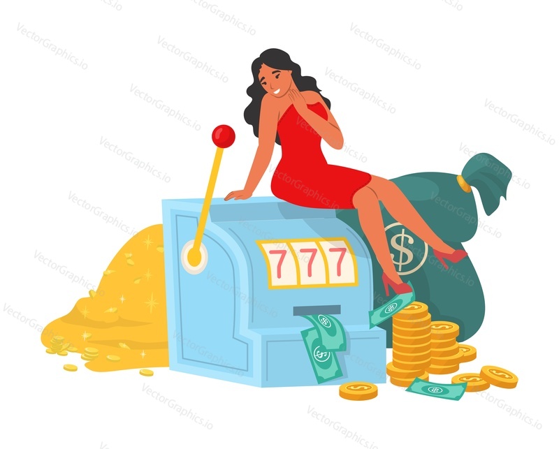 Вектор победителя казино. Счастливая женщина, сидящая на игровом автомате в окружении стопок денег. Иллюстрация. Игрок в азартную игру, изолированный на белом фоне. Женский персонаж выигрывает джекпот