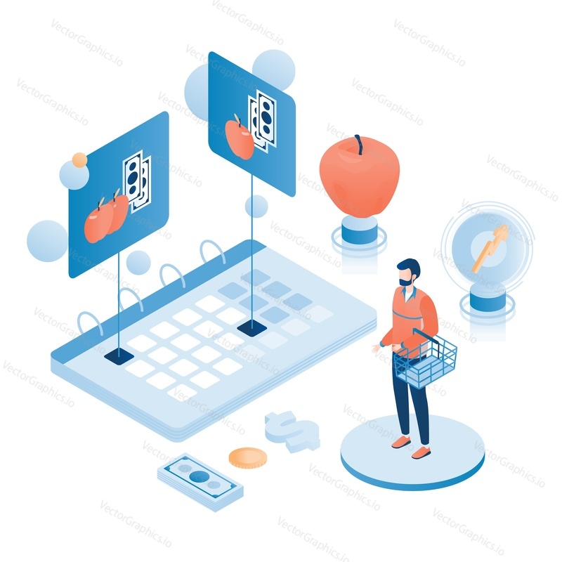 Man with shopping basket, calendar, rising arrow, flat vector isometric illustration. Inflation in economics. Increase in prices for food, consumer goods, loss of purchasing power.