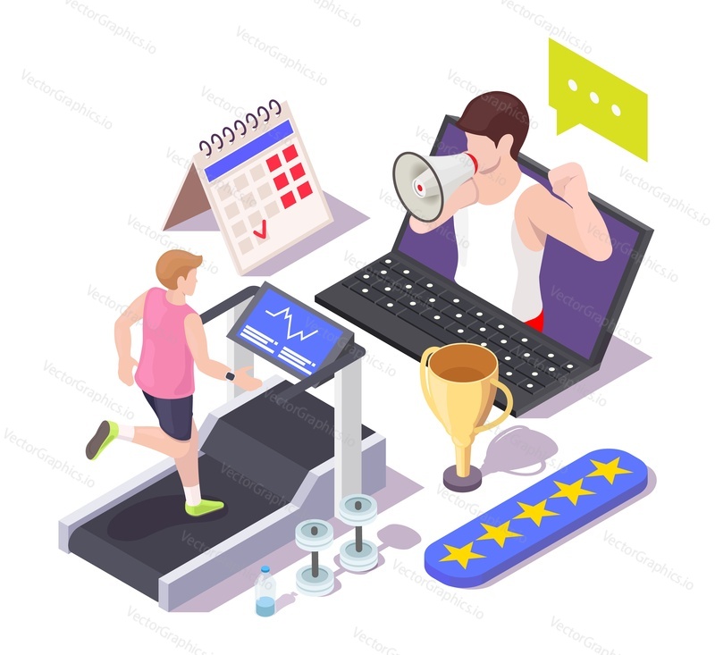 Young man running on treadmill, training with personal coach online, flat vector isometric illustration. Online fitness, home workout, fitness blog.
