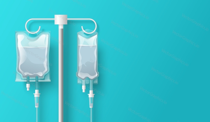Медицинская система капельниц с мешочком на трубке 3d векторная иллюстрация. Рекламный плакат с лабораторным оборудованием на копировальном пространстве. Продвижение услуг неотложной помощи в больницах