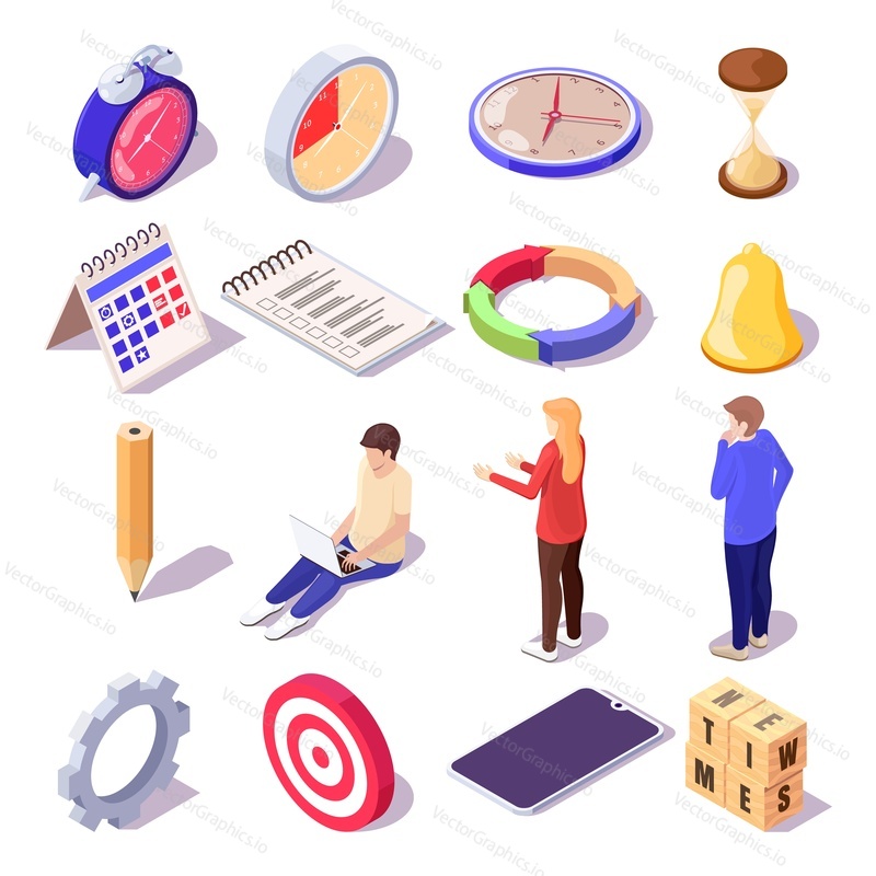 Time management isometric icon set, flat vector isolated illustration. Alarm clock, watch, hourglass, calendar, target, gear, checklist, circular arrow diagram, smartphone and business people.