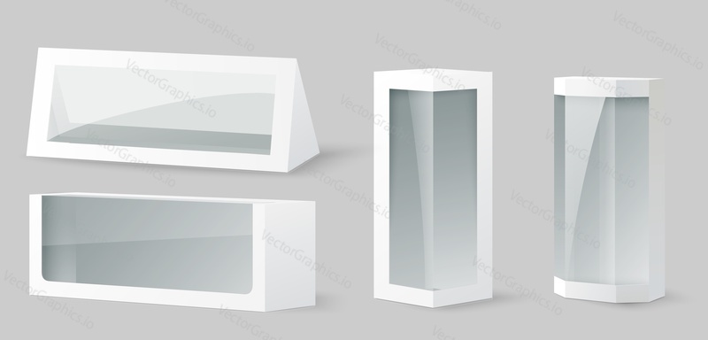 Белая картонная упаковочная коробка с прозрачным пластиковым окном, пустой 3d-макет векторного дизайна. Большой шаблон бумажной упаковки разной формы изолированный набор
