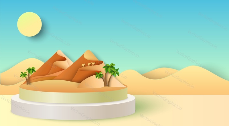 Фон путешествия по песку пустыни. Векторный 3d-пейзаж Сахары. Вырезанный из бумаги приключенческий плакат с песчаником и верблюдом. Африканский или арабский сельский пейзаж