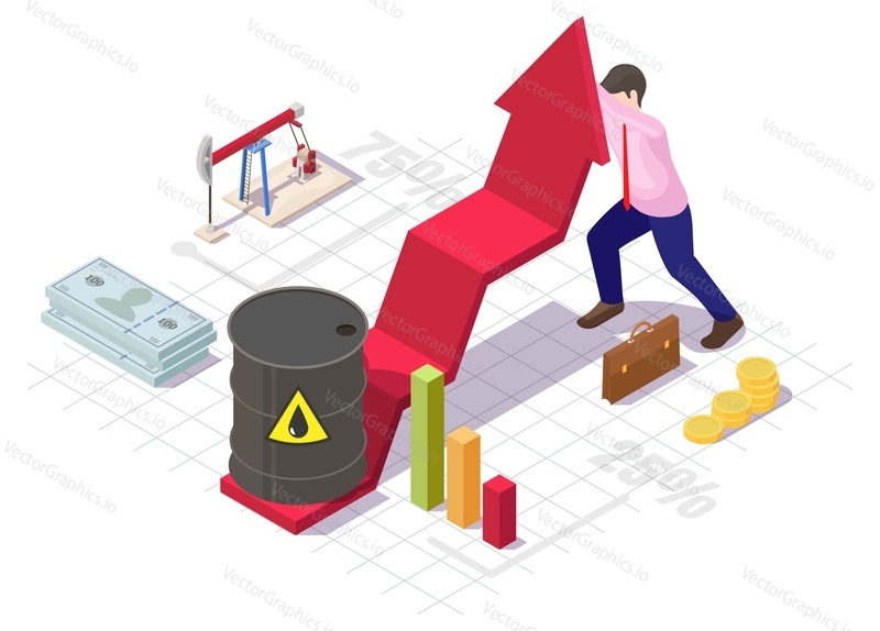 Oil price growth vector scene. Businessman arrow growing up. Petroleum tank container, statistic chart and graph stock trade market, money cash stack flat design