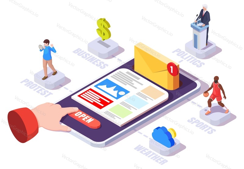 Online news website and newsletter subscription vector. Information mailing list subscribe illustration. Isometric man hand using smartphone app. Latest breaking news on mobile phone.
