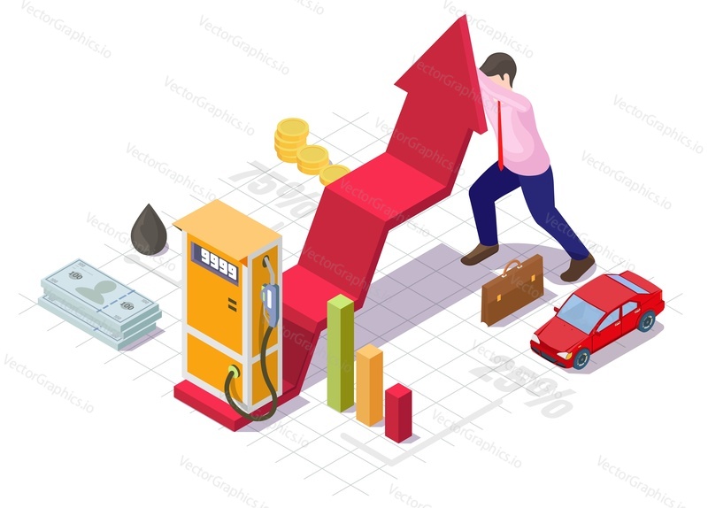 Petrol gasoline price growth concept. Rising oil costs vector. Businessman holding high increase arrow. Petroleum gas station, car, money cash, stock market graph and chart