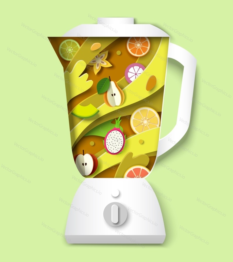 Фруктовый напиток в чашке блендера. Соковый коктейль или шейк-микс, вырезанный из бумаги в векторном стиле. Здоровая пища веганский фреш или молочный коктейль 3d-плакат оригами