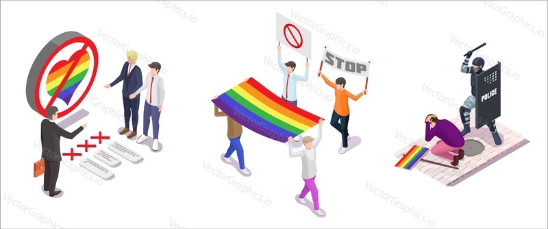 Homophobia concept. Lgbtq, lgbt, idahot oppression and sexual orientation discrimination. Citizen, employer, police bullying protesting against homosexual people. Gay lesbian harassment and inequality