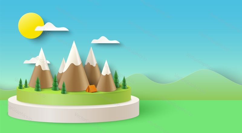 Векторное искусство вырезания из бумаги оригами в горном лагере. Фон летнего путешествия создает 3d-пейзаж. Иллюстрация дизайна горы, елового леса и туристической палатки