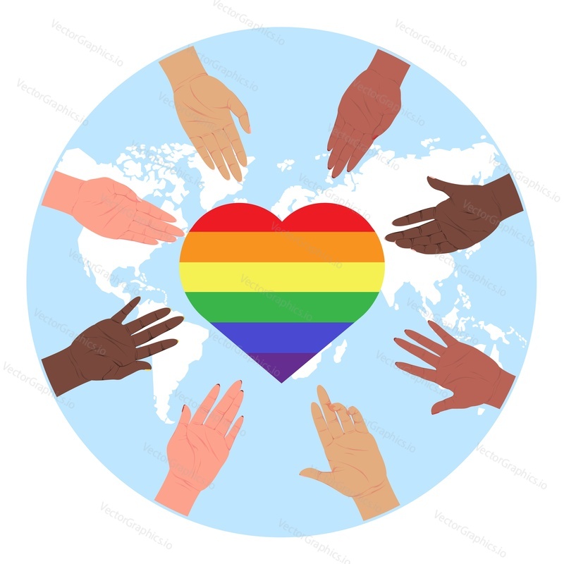 World international day against homophobia. Vector idahot poster. Banner, card with rainbow heart and hands illustration. Bisexual, homosexual and lesbian human equality and rights