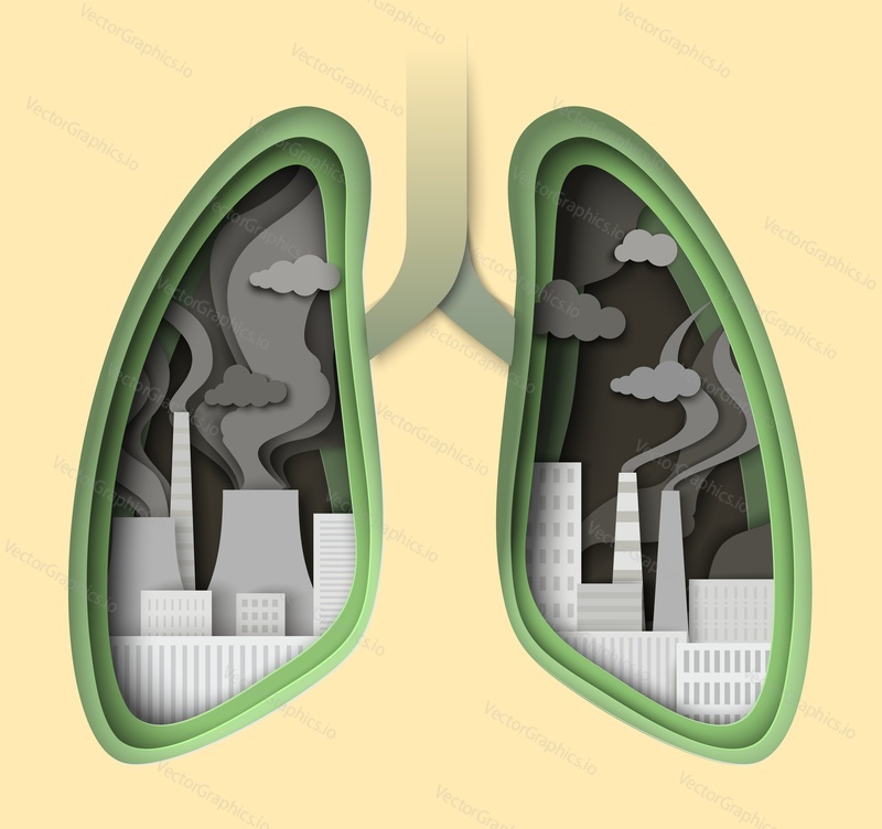 Векторный дизайн бумажных легких. Концепция всемирного информирования о загрязнении воздуха. Респираторные заболевания и недуги, вызванные вдыханием растительного дыма