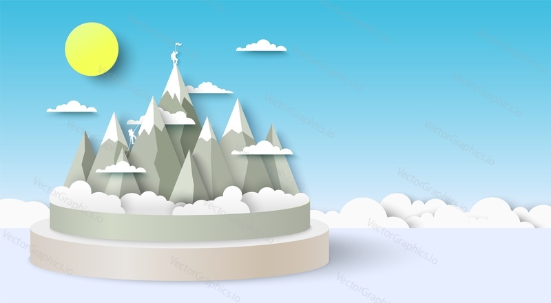 Горный пейзаж. Векторная вырезка из бумаги в стиле художественного ремесла. Абстрактный фон оригами из снежного холма, неба, солнца и облаков. 3d-декорации зимней природы для туристического плаката