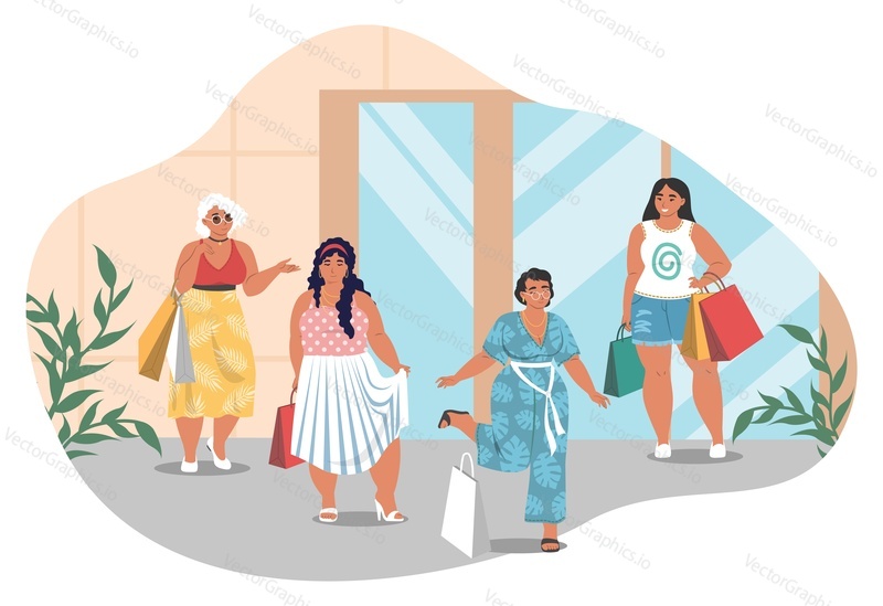 Happy oversize woman after clothing shopping vector. Fashion store shop boutique exterior and plus size girl wearing new apparel cartoon. Sale discount and consumerism