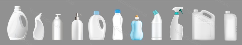 Векторный макет пластиковой бутылки с моющим средством. Набор контейнеров для стирального порошка и отбеливателя. Упаковка жидкого мыла, чистящий спрей и набор принадлежностей для мытья унитаза