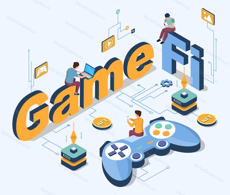 Концепция Gamefi. Векторный 3d-изометрический плакат блокчейн-игры. Крипто, nft-искусство, токены и взаимозаменяемые финансы. Люди зарабатывают деньги в метавселенной.
