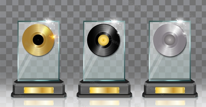 Musical disk award 3d mockup vector set. Gold, silver, platinum album prize. Music reward trophy isolated collection realistic design on transparent background