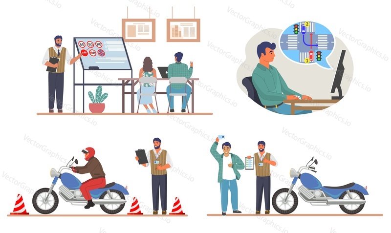 Moto driving school vector scene. Student study on lesson, learn rules traffic regulations, pass exam. Motorcyclist getting license. Isolated flat set