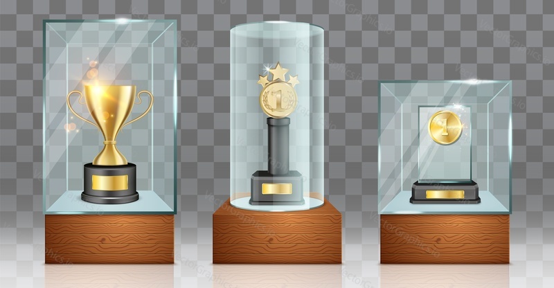 Glass trophy awards mockup crystal prize showcase. 3d medal or trophy cup for winner vector design. Blank reward luxury realistic stand isolated on transparent background