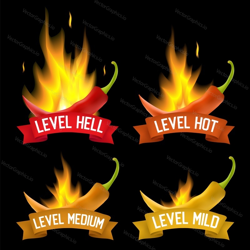 Hot pepper spicy level for ketchup sauce vector. Chili rating indicator burning symbol design. Cooking and mexican cuisine concept. Package label logo