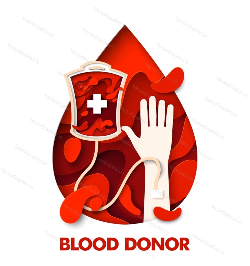 Blood donor world day papercut vector poster. Anemia, leukemia or leukemia treatment, plasma donation concept. Drop with hand 3d design