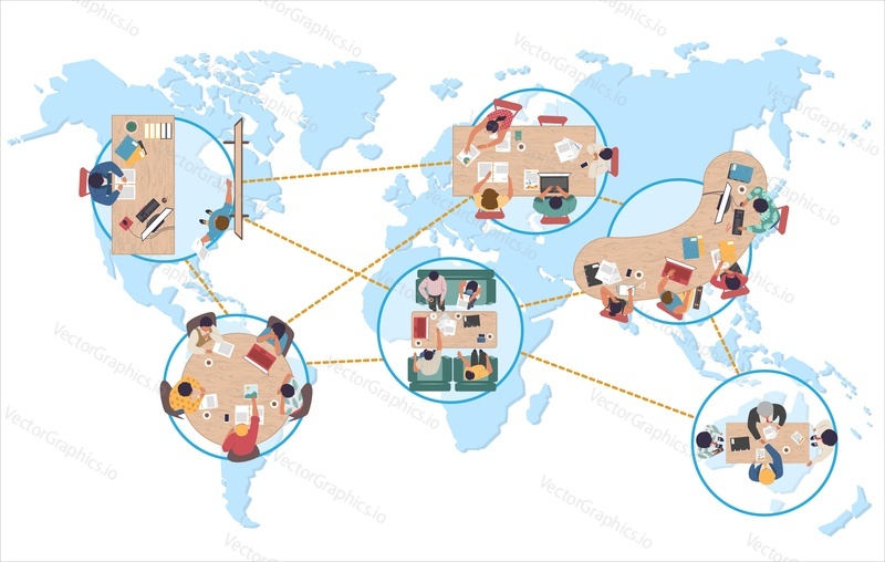 Outsourcing and worldwide connection concept. Distance learning or working around world vector. Student or employee team from different country online course or work remotely