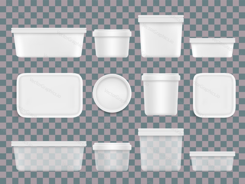 Plastic food container vector. Package box mockup isolated on transparent background. Clear pot different size and shape under lid 3d set. Lunchbox, storage bowl realistic design