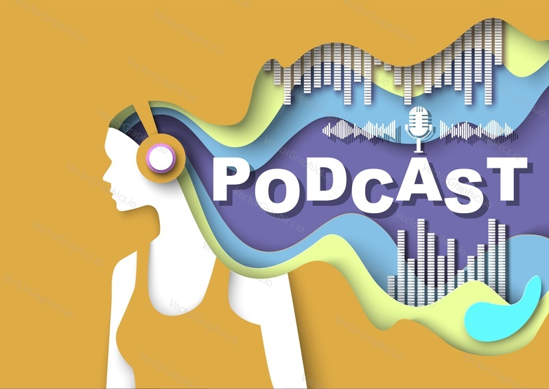 Podcast concept. Audio broadcast vector. Woman in headphones listen voice record paper art craft style design