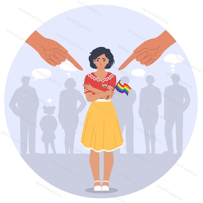 Концепция гомофобии. Вектор социального давления и хулиганства. Грустный женский персонаж с радужным флагом и рисунком указывающих пальцев.