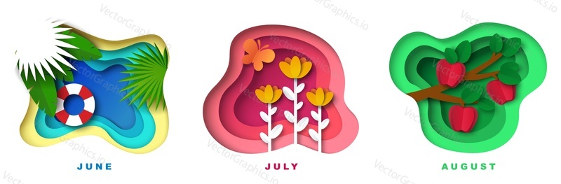 Летний месяц, вырезанный из бумаги в стиле 3d-вектора. Возможности в июне, июле и августе. Дизайн яблоневого сада, цветущего цветка и отпуска на тропическом побережье