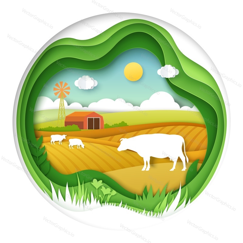 Ферма с коровой, вырезанная из бумаги в векторе искусства оригами. Молоко и молочное производство, концепция сельского хозяйства. Зеленое абстрактное поле на фоне экологической страны и домашнего скота
