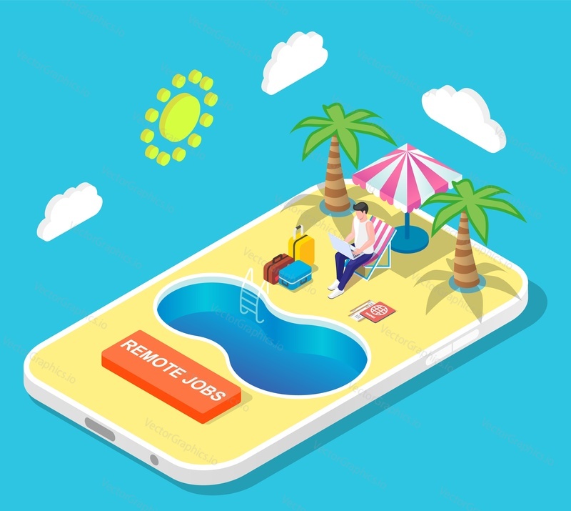 Remote job, freelance concept. Isometric mobile phone with business man working during relax at beach resort of topical island 3d vector