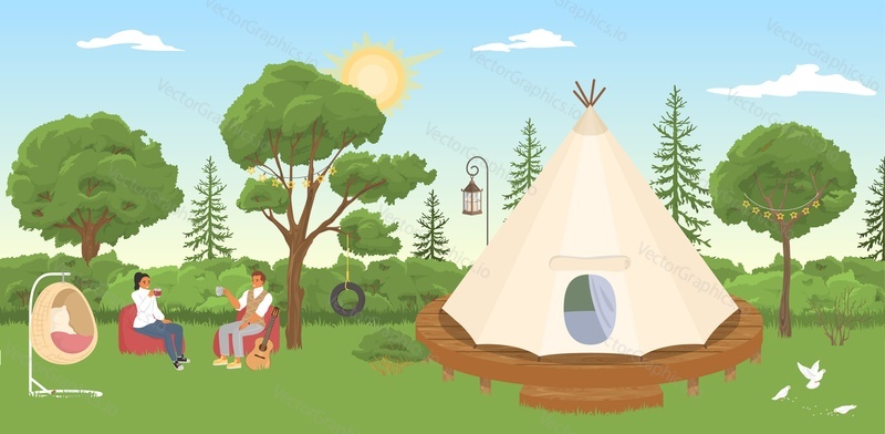 Glamping. Luxury tent vector. Camping house in forest illustration. Travel, nature trip or adventure experience poster. Outdoor picnic on country. Romantic tourism on vacation