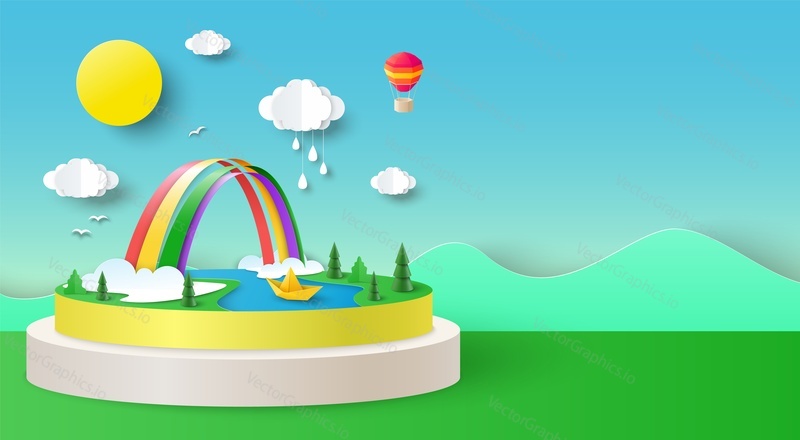 Dreamland background with rainbow paper 3d vector. Sky with cloud, grass and lake with beautiful garden scene. Papercut design for fairy tale or cartoon