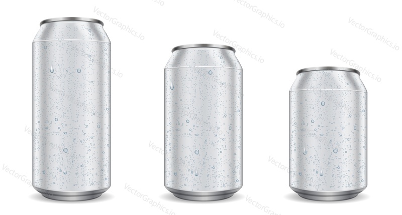 Aluminum cans with water drops realistic design. Blank wet metal silver tin for soda or beer cold drink isolated on white background. Vector mockup