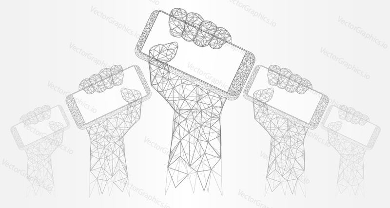 Online protest vector. Digital revolution concept. Hexagonal graphic hands raising mobile phone design. 3d cubes pattern geometric style