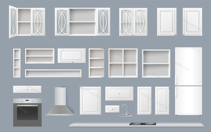 Kitchen constructor. Furniture realistic vector. House interior 3d mockup. Closet, cupboard, cooking surface and home appliance isolated set. Equipment for dining room design