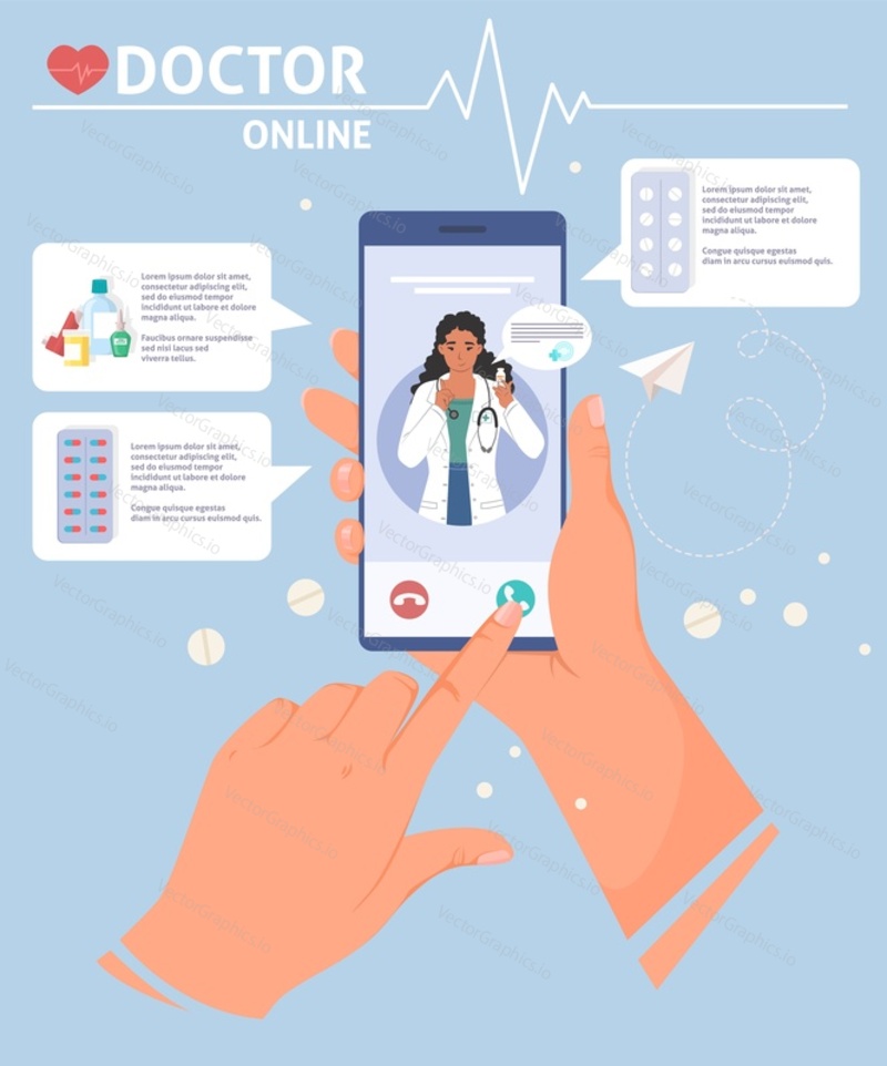 User video calling doctor using healthcare mobile app vector illustration. Online medical consultation to get prescription and pills for treatment concept