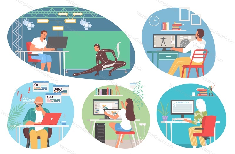 Game creation scene. Animation and motion design, programming and software testing vector set. Designer and programmer people character working on computer gaming platform development illustration