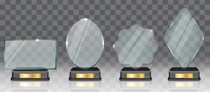 Acrylic glass trophy award set vector illustration. Prize design isolated on transparent background. Winner reward blank clear frame mockup
