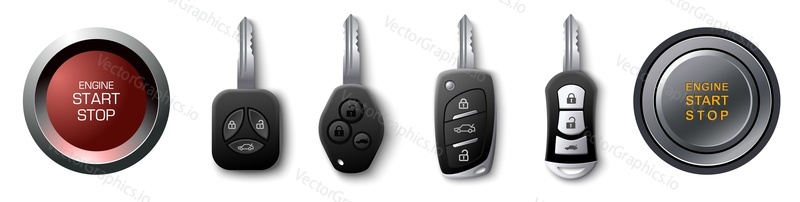 Car remote engine start key or button vector. Keyless ignition, push starter and auto door lock realistic mockup. Vehicle electronic system security technology accessory illustration