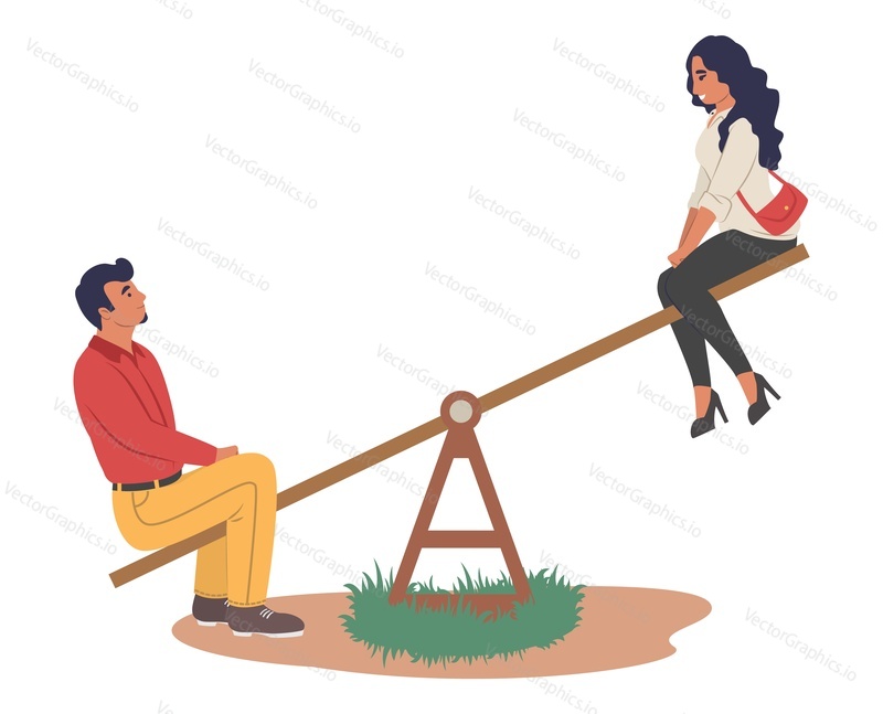 Adult couple swinging on swing vector illustration. Isolated young man and woman having fun on playground on white background