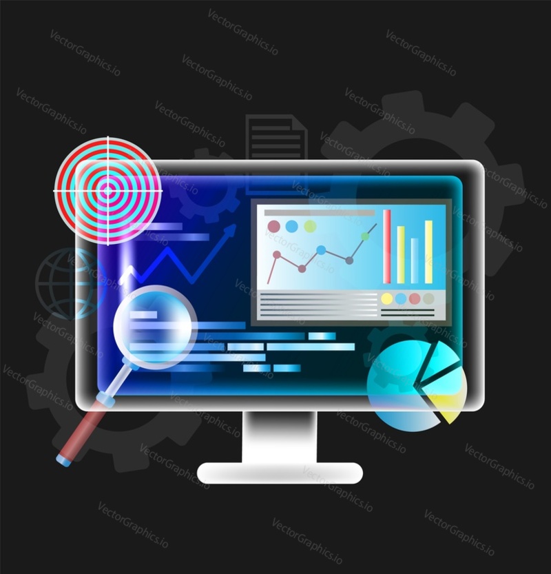Векторный компьютерный монитор Seo с иллюстрацией аналитического графика. Развитие и оптимизация онлайн-бизнеса, цифровой маркетинг и менеджмент