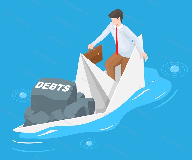 Businessman in sinking paper boat unable to repay outstanding debts vector illustration. Business bankruptcy, financial crisis concept