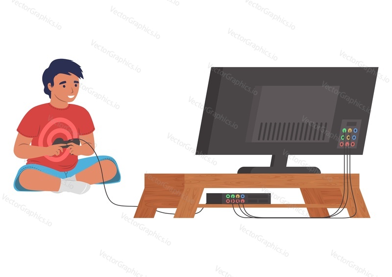 Молодой мальчик играет в видеоигру онлайн, используя телевизор и джойстик геймпада векторная иллюстрация. Геймер-подросток сидит перед телевизором на полу, изолированный на белом фоне