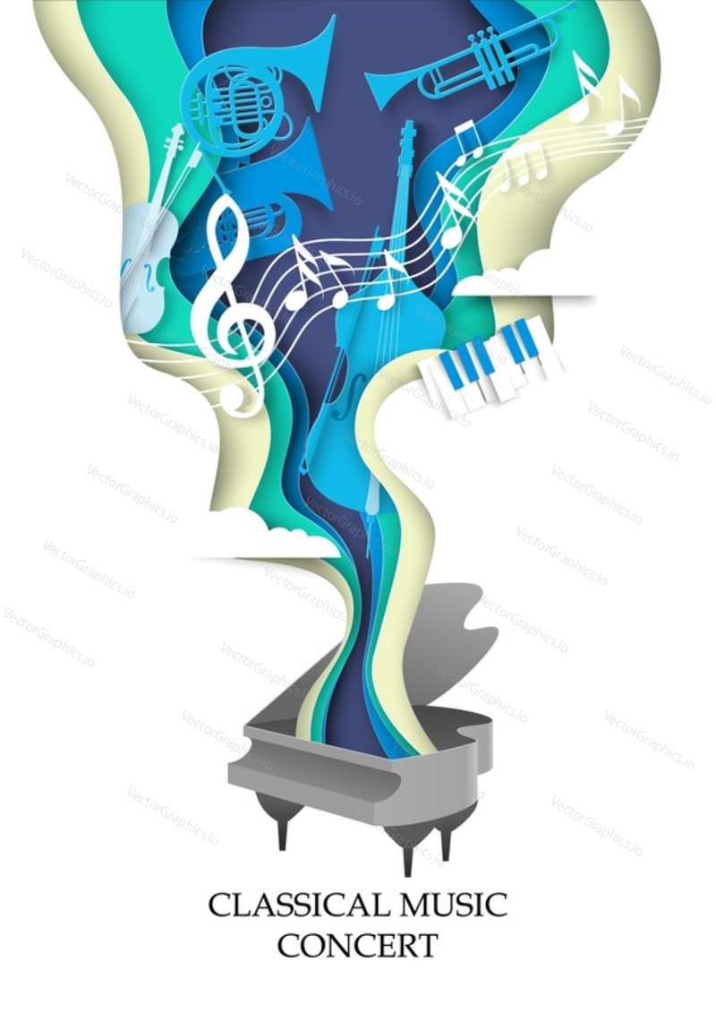 Векторный плакат, вырезанный из бумаги для концерта классической музыки. Художественный дизайн фортепиано с различными музыкальными инструментами и мелодическими нотами. Фестиваль оркестров, акустическое или оперное представление